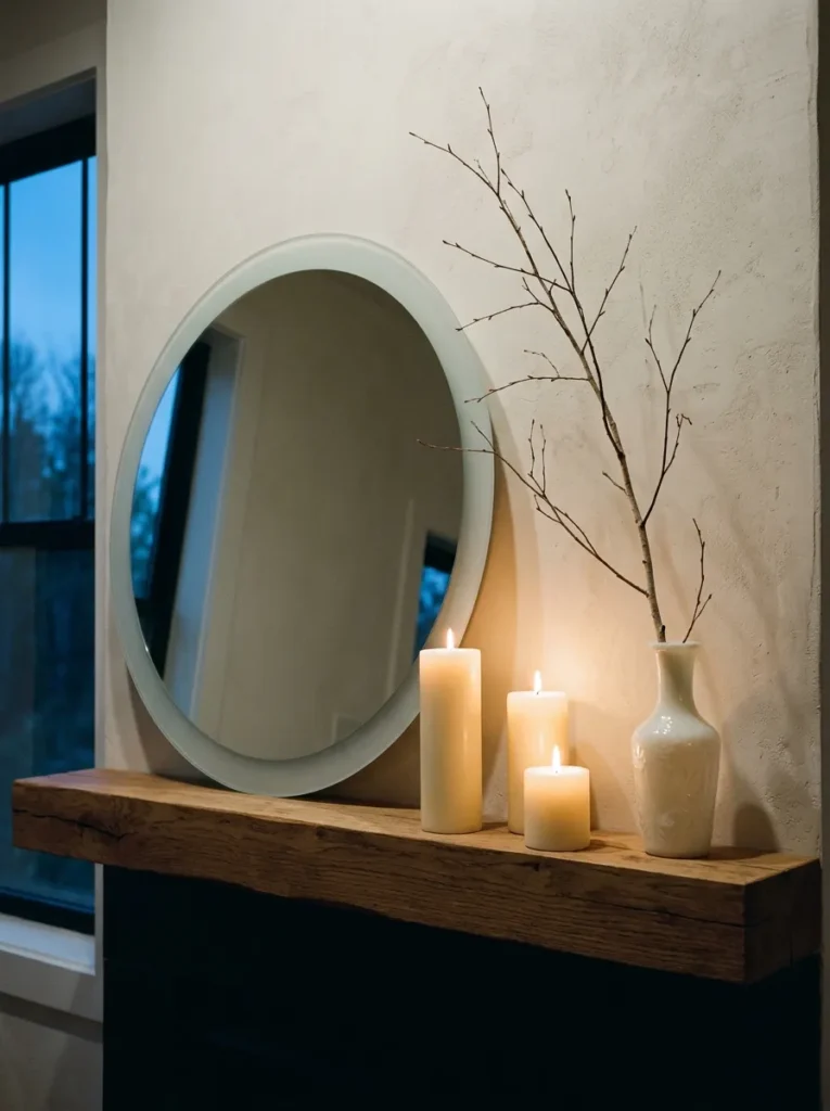 Frosted round mirror leaned against a plaster wall with staggered pillar candles and a birch branch