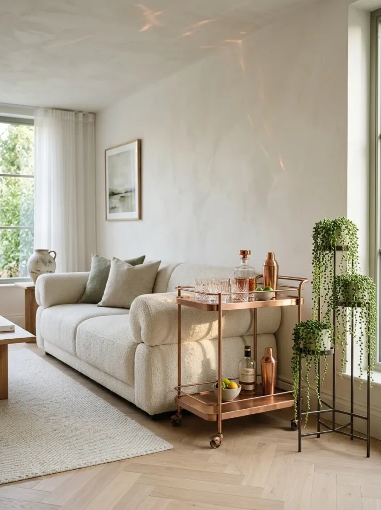 Bone-white bouclé sofa beside a brushed-copper drinks trolley reflecting warm light