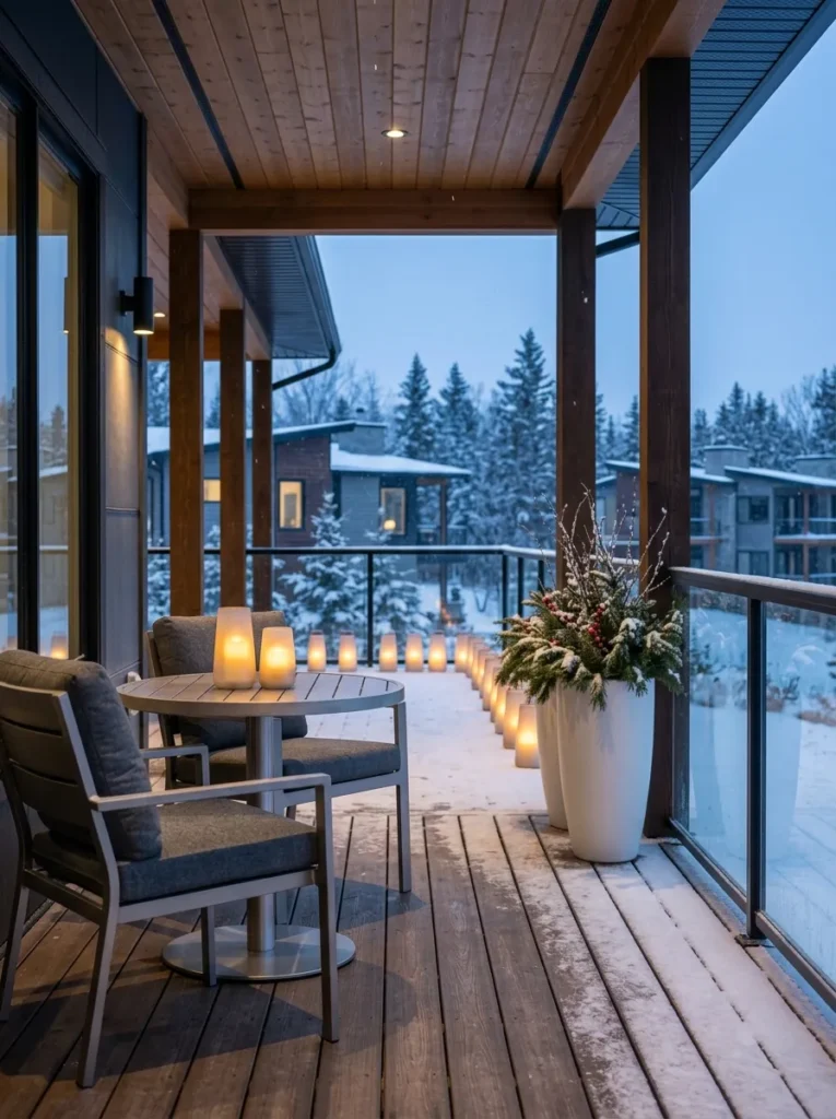 Pewter aluminum bistro set on a snow-dusted porch with frosted-glass lanterns and white fiberglass urns
