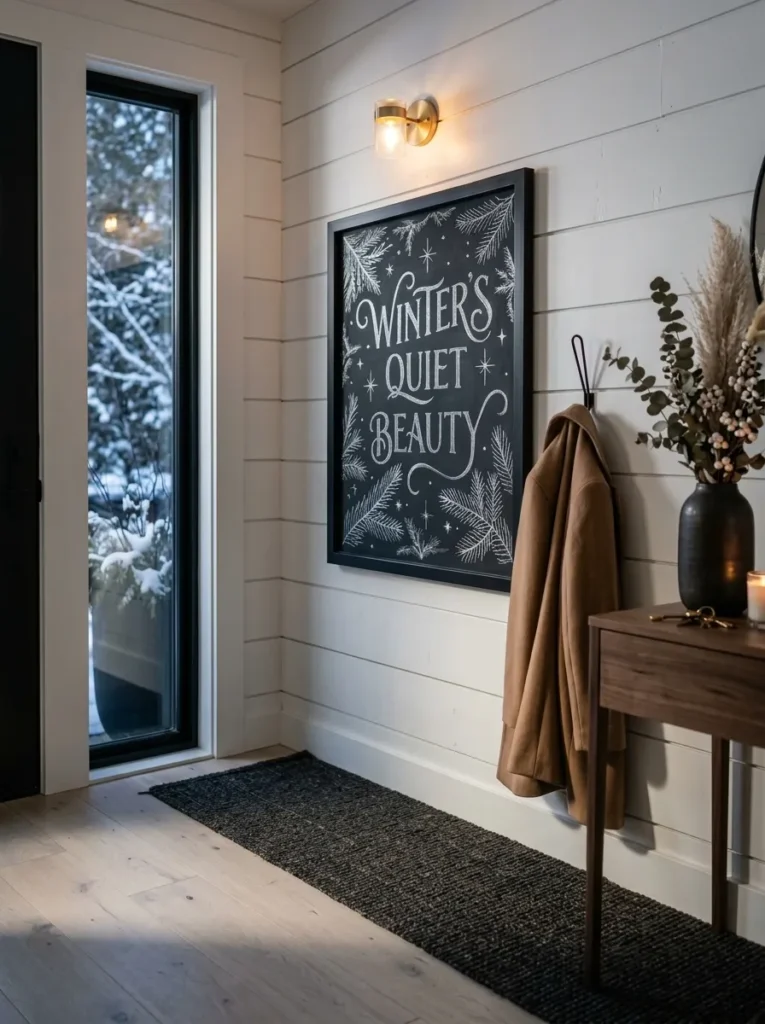 Black-framed chalkboard with silver metallic frost lines above a boot tray in an entryway