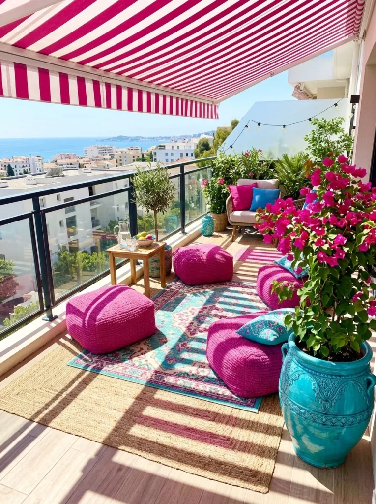"Fuchsia floor poufs and turquoise bougainvillea on a balcony floor lounge"