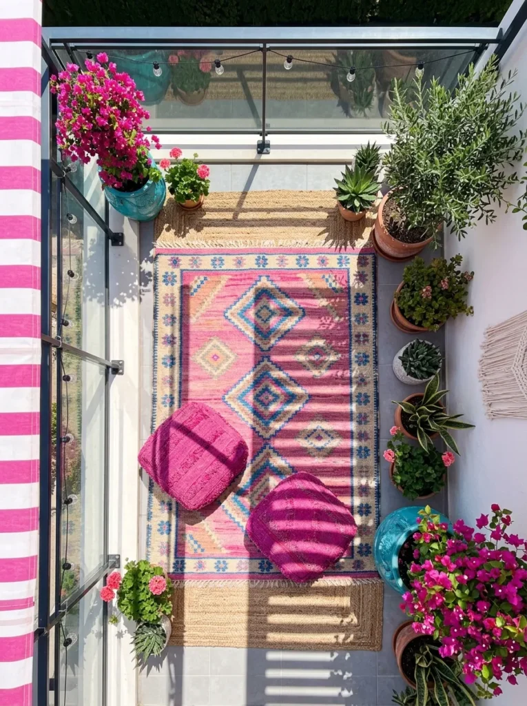 Fuchsia floor poufs and turquoise bougainvillea on a balcony floor lounge