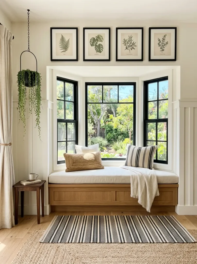 Built-in window seat with layered rugs in a modern farmhouse living room
