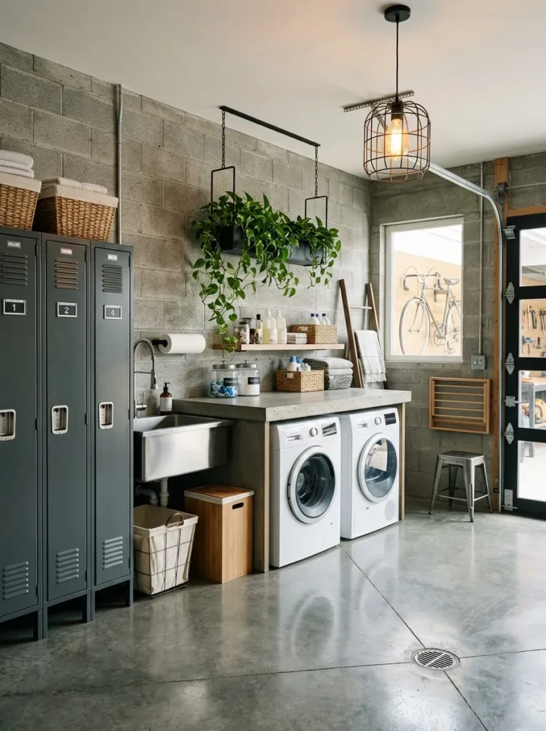 Industrial garage-adjacent laundry suite with steel lockers and a concrete counter