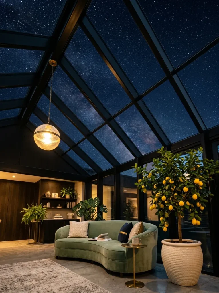 "Glass roof patio with Meyer lemon trees"
