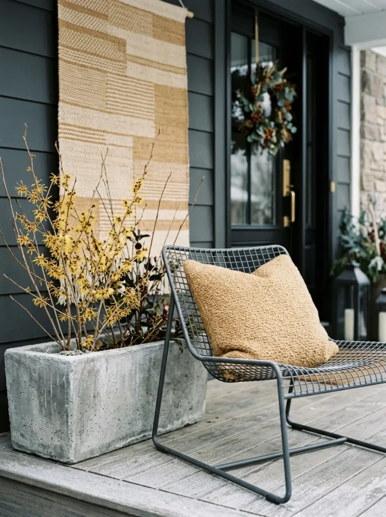 Charcoal steel mesh chair with wheat cushion beside witch hazel branches in gold bloom