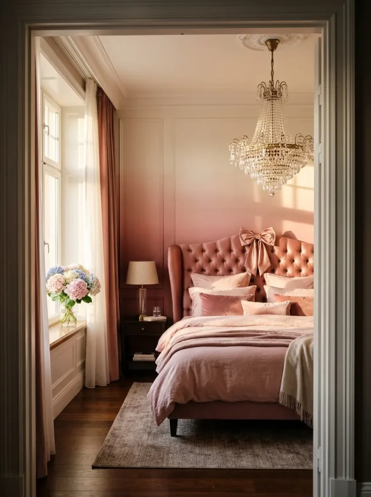  "Grand crystal chandelier above a blush wingback bed in a coquette bedroom"