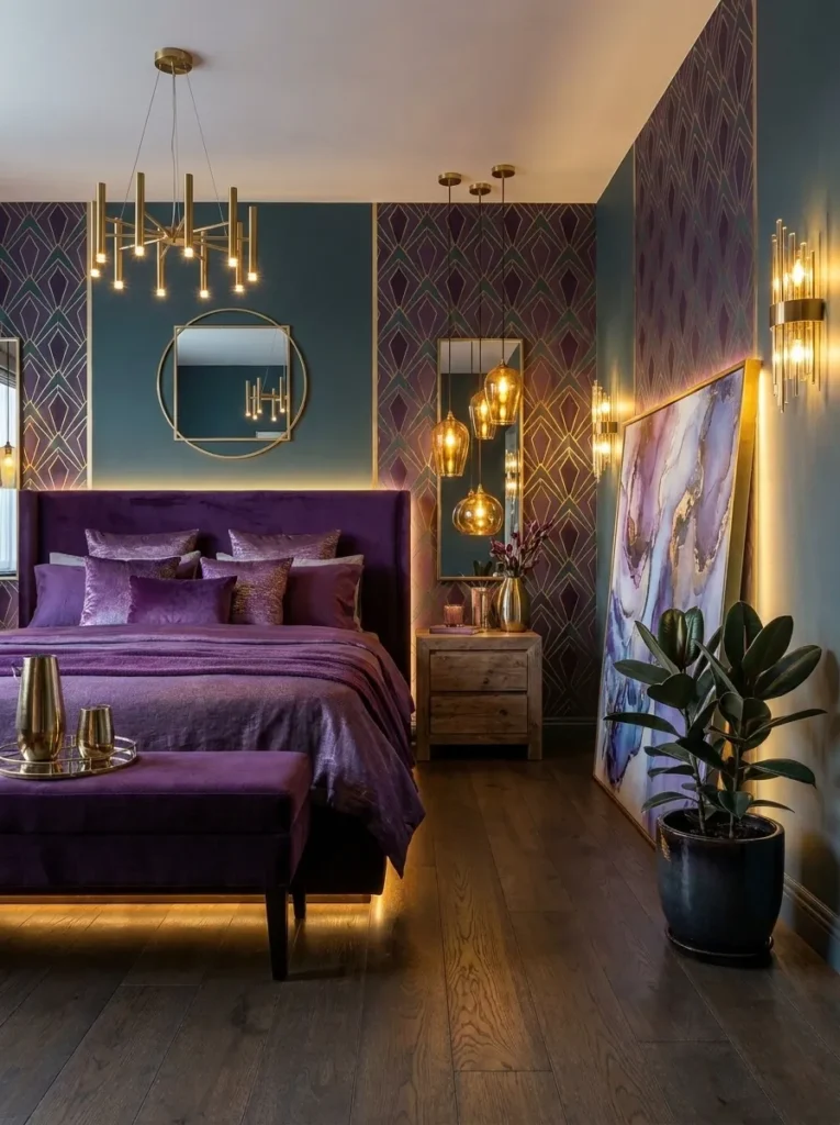 Graphite bedroom with a single orchid-purple pillow and a blooming orchid on the nightstand