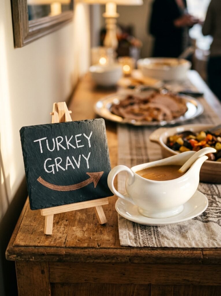 Tiny slate chalkboard easel with an arrow pointing to a gravy boat