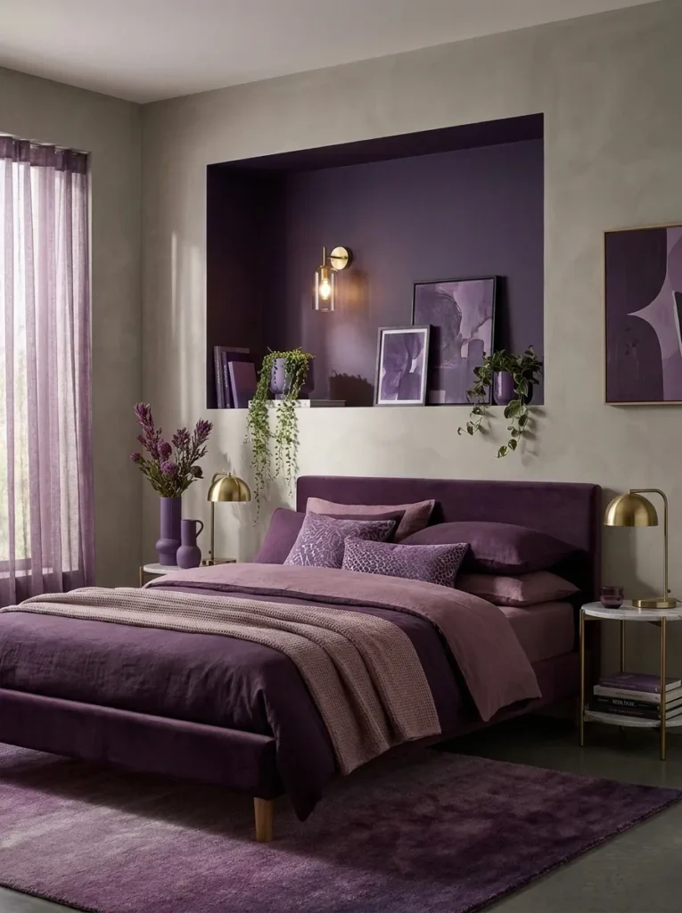 Greige bedroom with a built-in deep violet reading nook and matte-black sconce