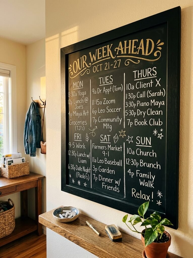 Large black-framed gratitude wall chalkboard filled with guest handwriting