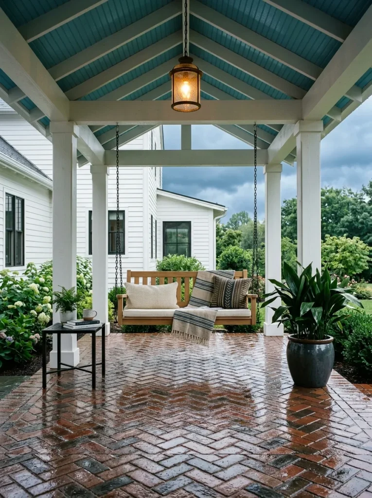 "Haint blue beadboard ceiling on gable porch"