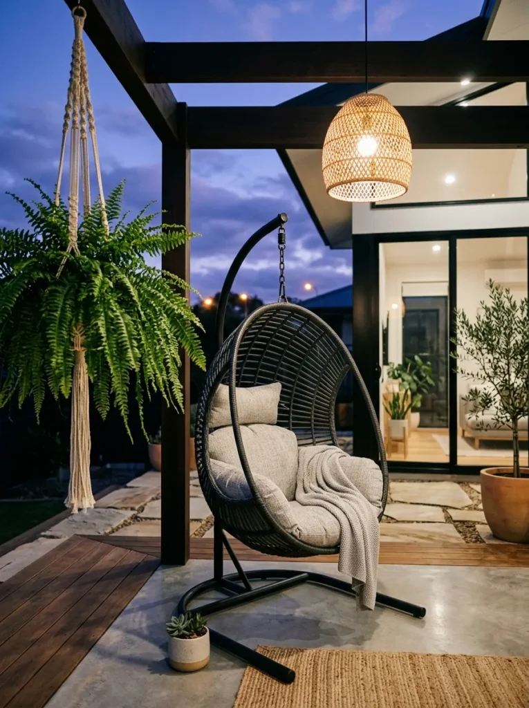 "Freestanding hanging egg chair on a small apartment balcony corner"