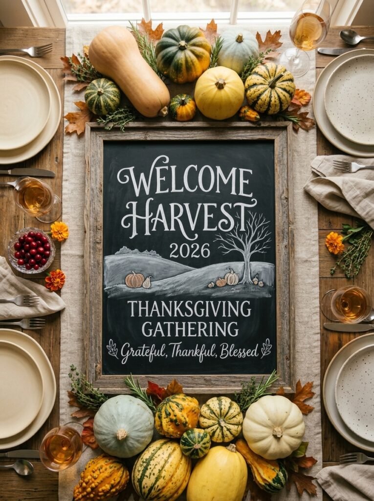 Weathered wood chalkboard laid flat with a hand-drawn harvest scene centerpiece