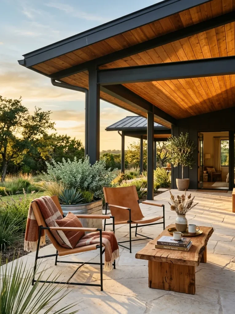 "Standing-seam metal patio roof with cedar ceiling"