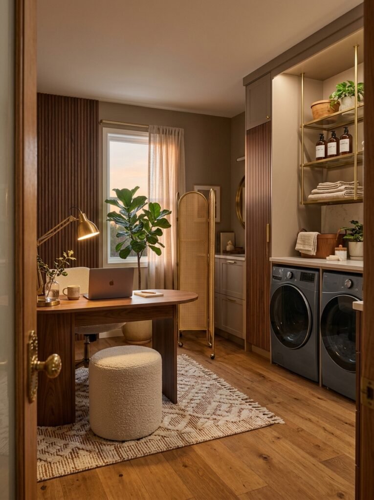 Home office and laundry hybrid with a curved walnut desk and brass divider