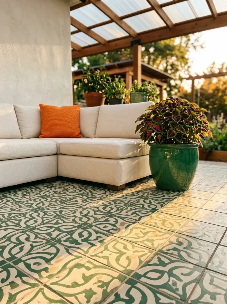 "Honey polycarbonate roof over emerald garden patio"