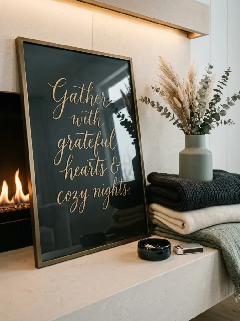 Whitewashed chalkboard leaning on a mantel with soft cursive script under candlelight