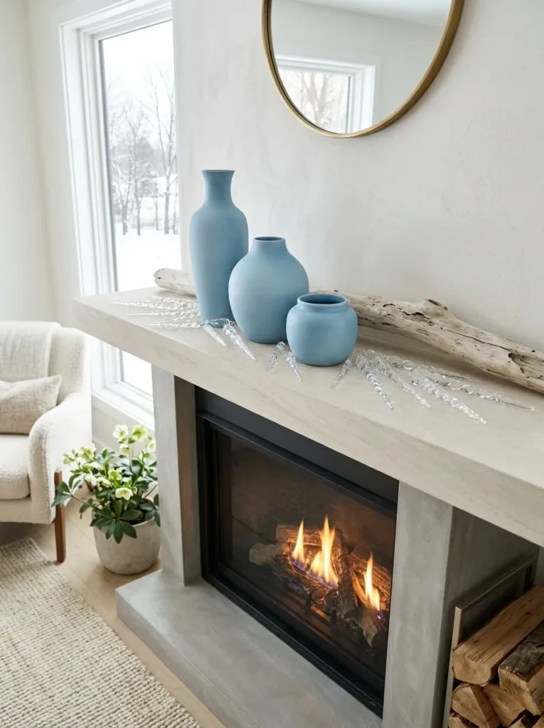 Graduated ice-blue ceramic vessels with scattered glass icicles and driftwood on a mantel