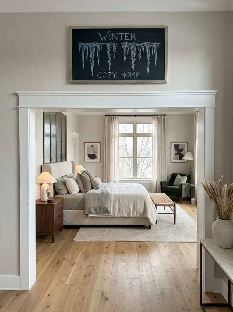  Narrow brushed-nickel chalkboard with pale icicles mounted above a doorway casing