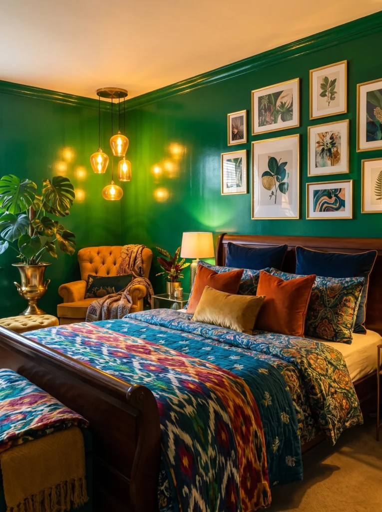 Glossy emerald bedroom with amber pendant light and jewel-toned layered bedding