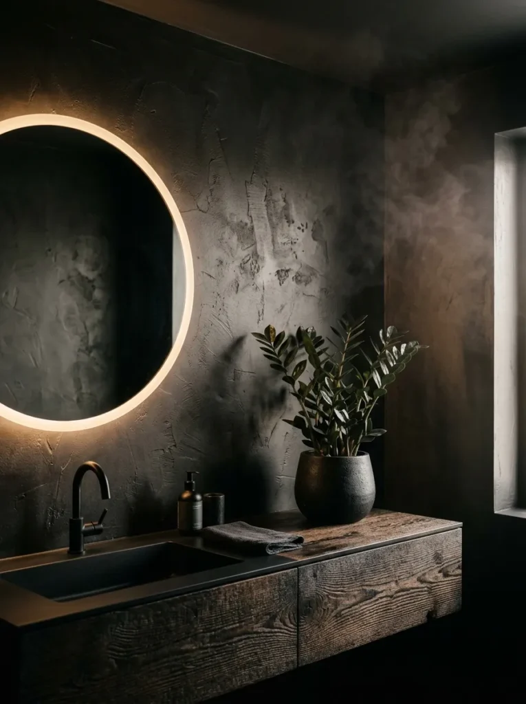 Troweled black plaster wall with a backlit round mirror and charred-oak floating vanity