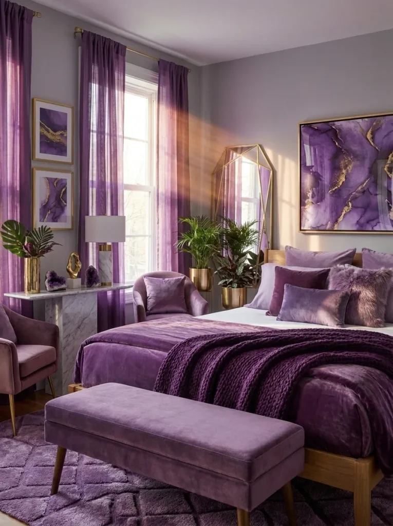  Fog-gray bedroom with sheer iris-tinted curtains and a trailing philodendron