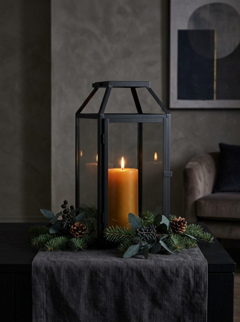  Oversized black iron lantern with smoked glass and an amber candle on a charcoal runner
