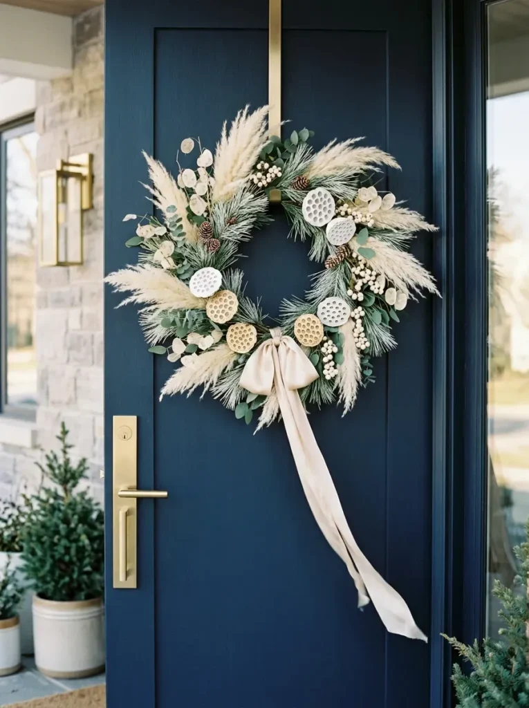 Ivory pampas grass winter wreath with white pine on a deep navy front door.