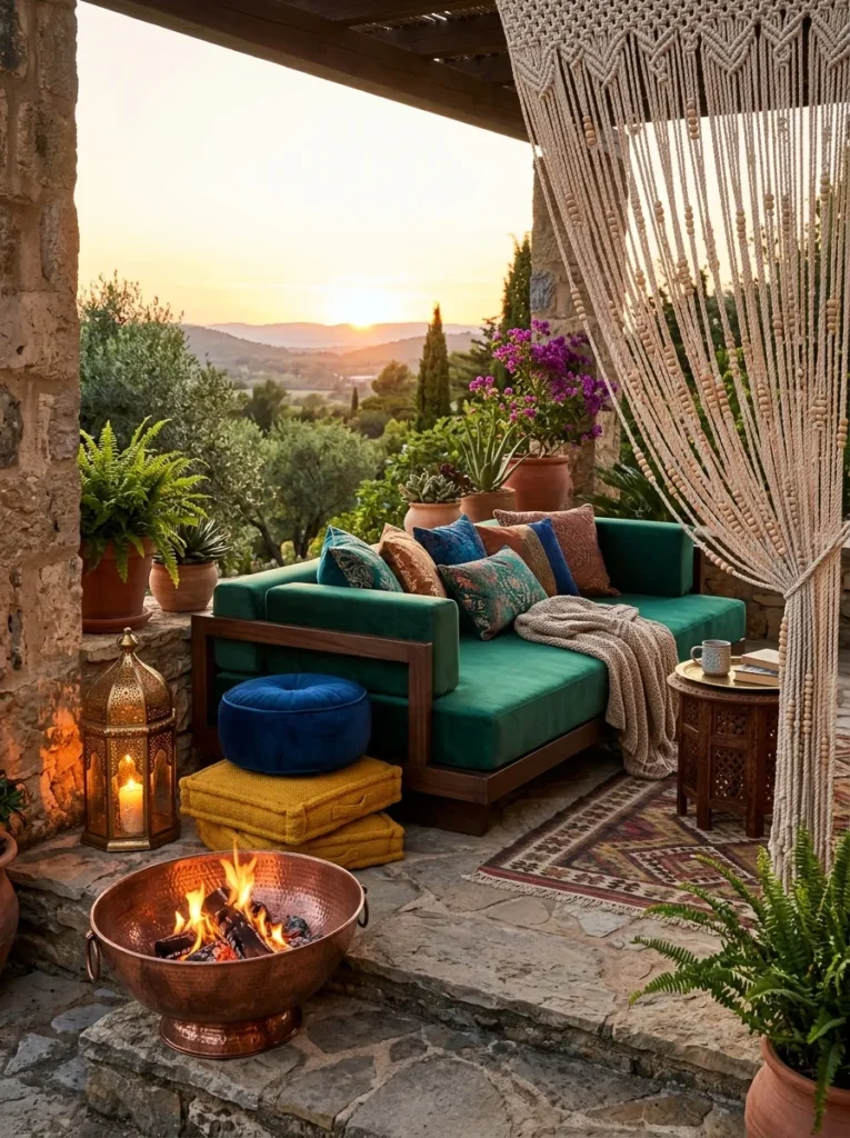 "Jewel-tone Moroccan daybed with copper fire bowl on a patio"