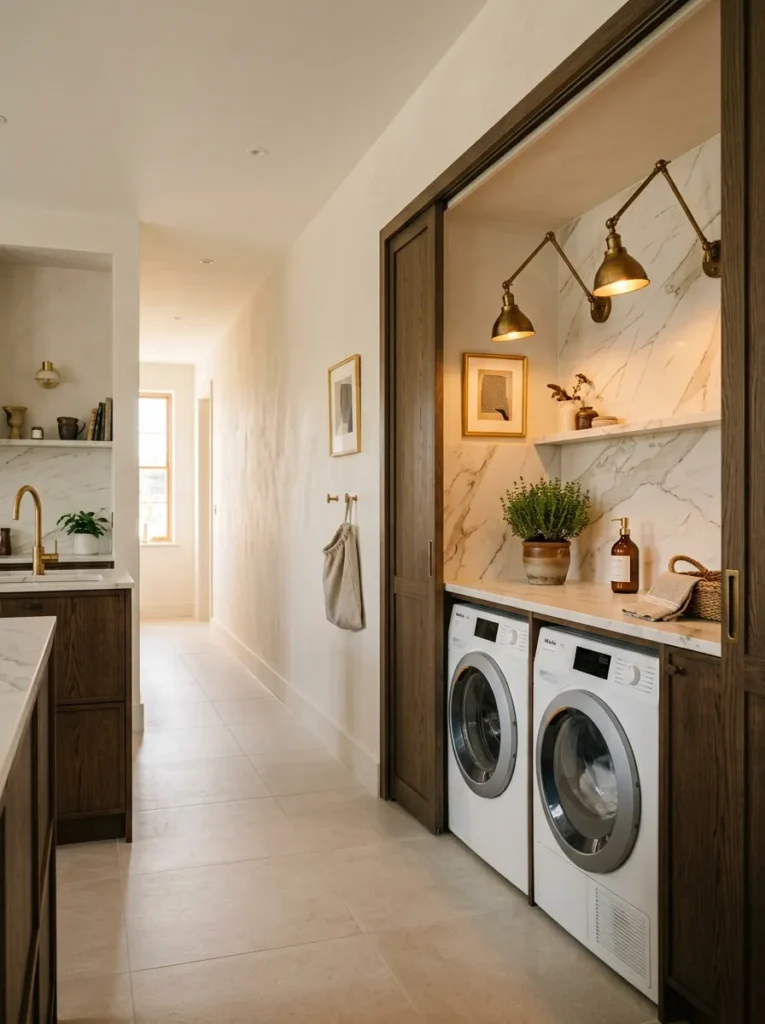  Kitchen-adjacent laundry wall with oak pocket doors and a marble-look counter