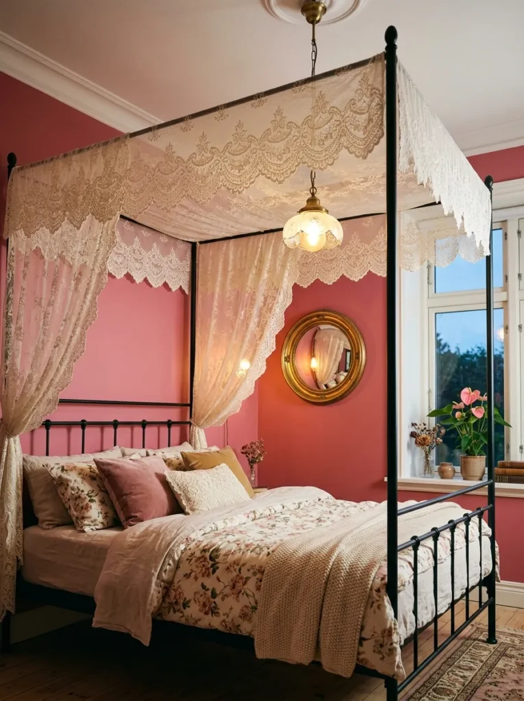 "Salon-style ballet photograph wall in a rosewater pink bedroom"
