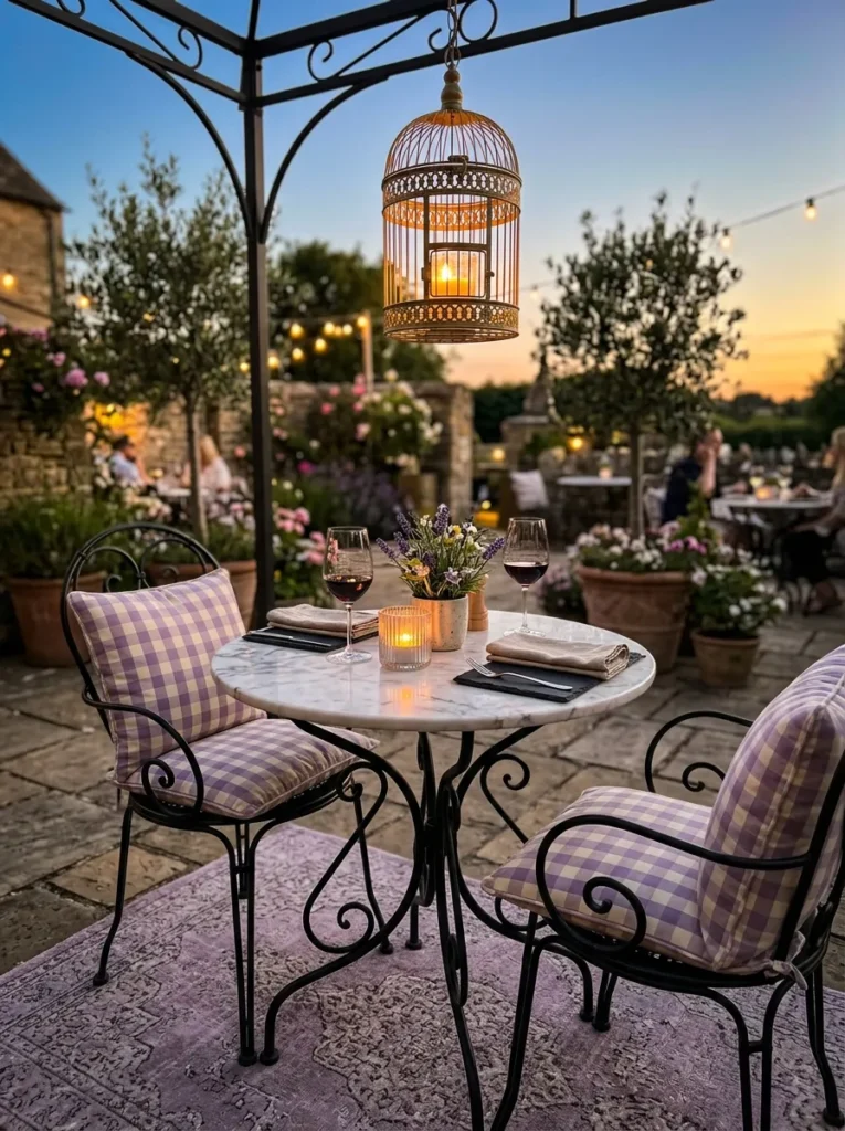 Small lavender bistro nook with wrought-iron chairs and birdcage lantern"