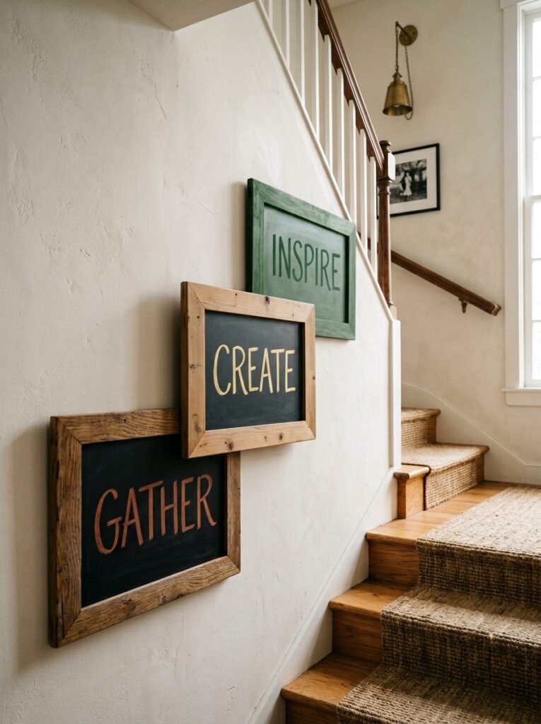 Three mismatched wood-framed chalkboards clustered on a wall, each with one word