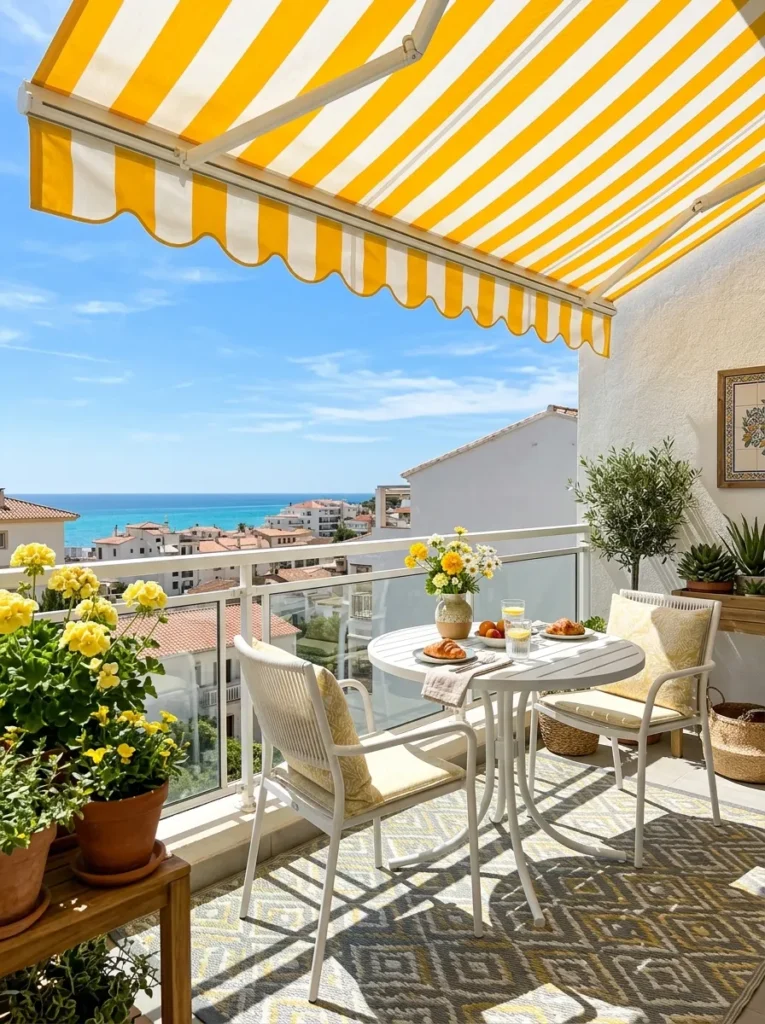 Yellow café awning over a white bistro table on a small balcony"