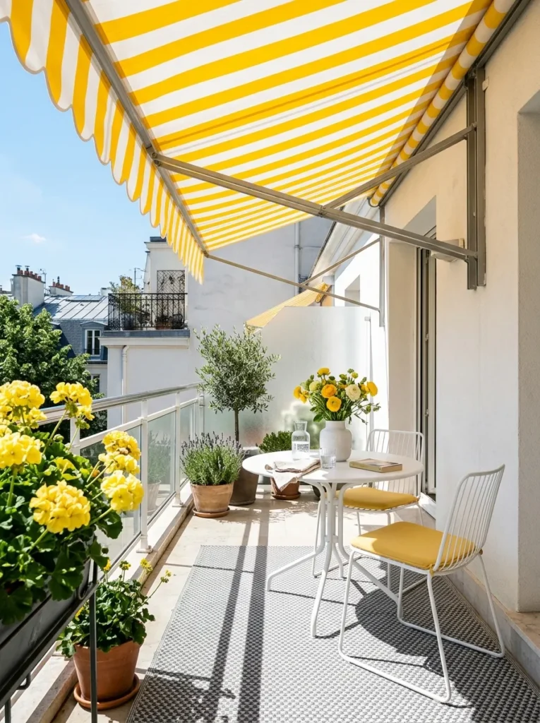 Yellow café awning over a white bistro table on a small balcony"