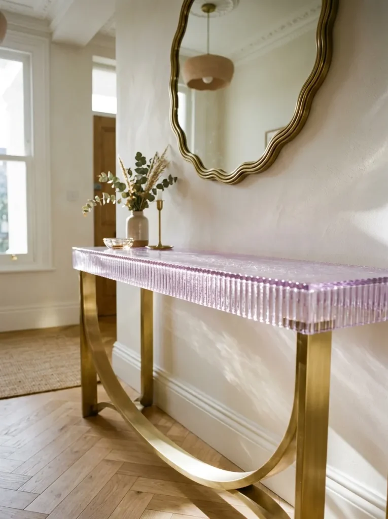  Lilac fluted glass console vanity with curved brass legs and a scalloped mirror