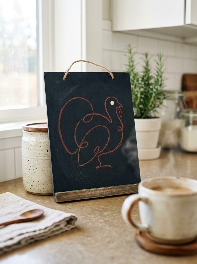 Unframed chalkboard with a rust continuous-line turkey outline on a kitchen counter