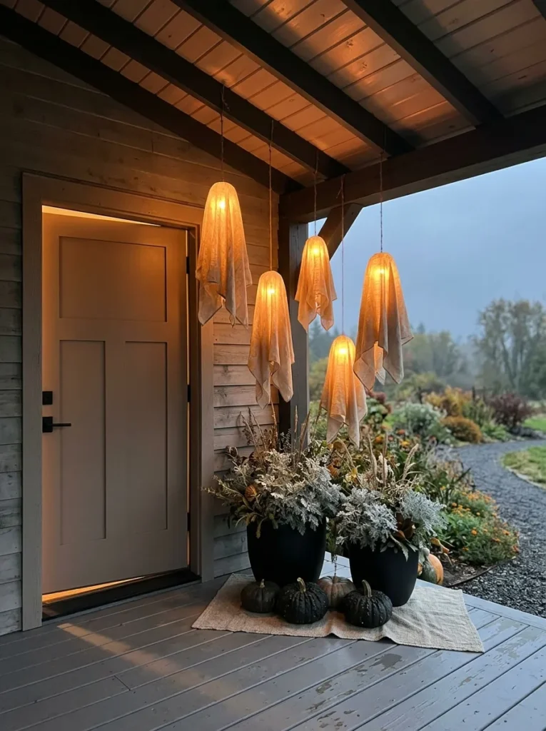 "Linen ghost shapes hanging and glowing on a Halloween porch"