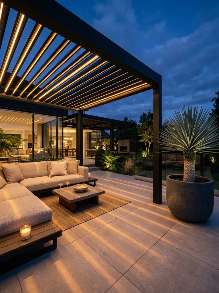 "Black louvered pergola over greige patio pavers"