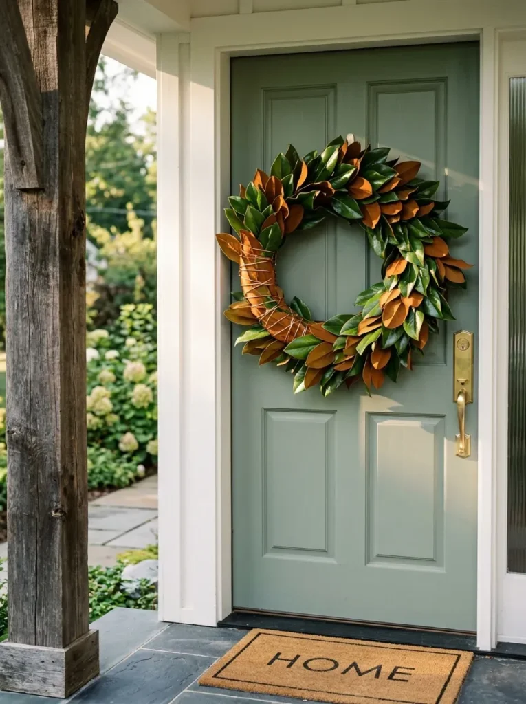 Two-tone magnolia leaf winter wreath with copper wire on a sage green front door.