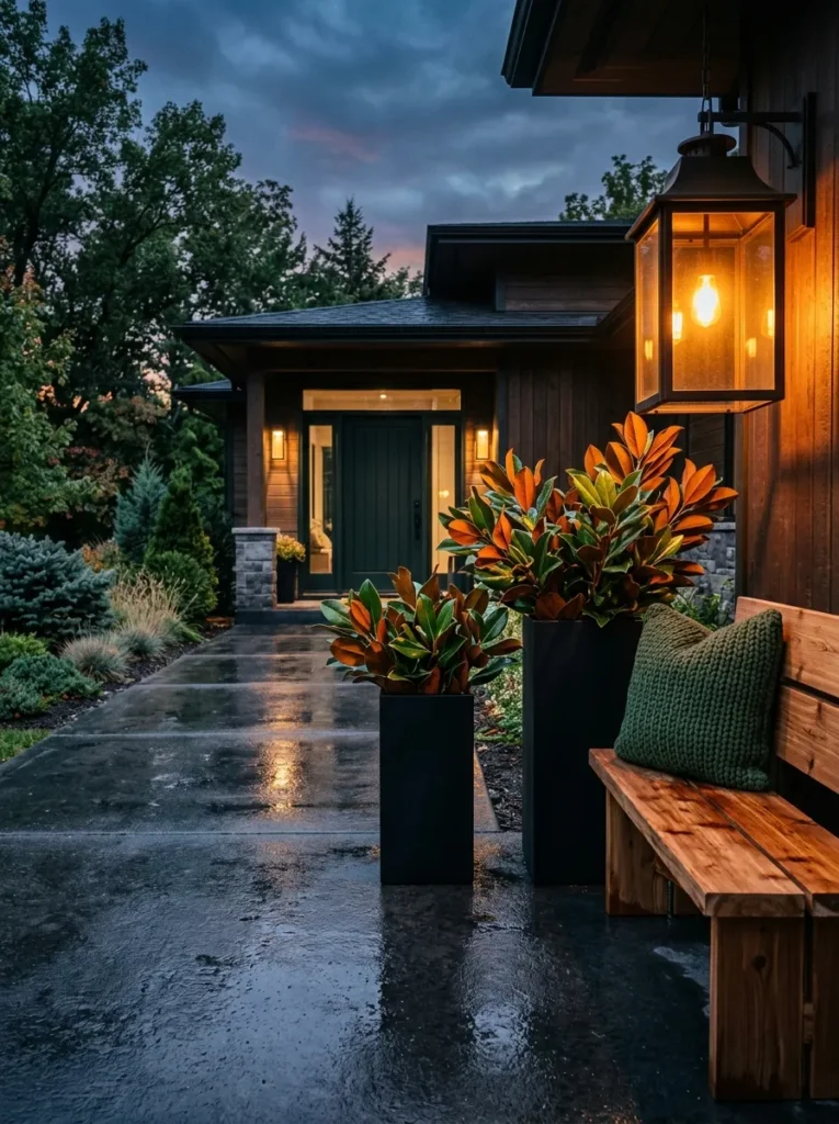 Blackened-steel planters of glossy magnolia stems beside a lit lantern on a cedar bench