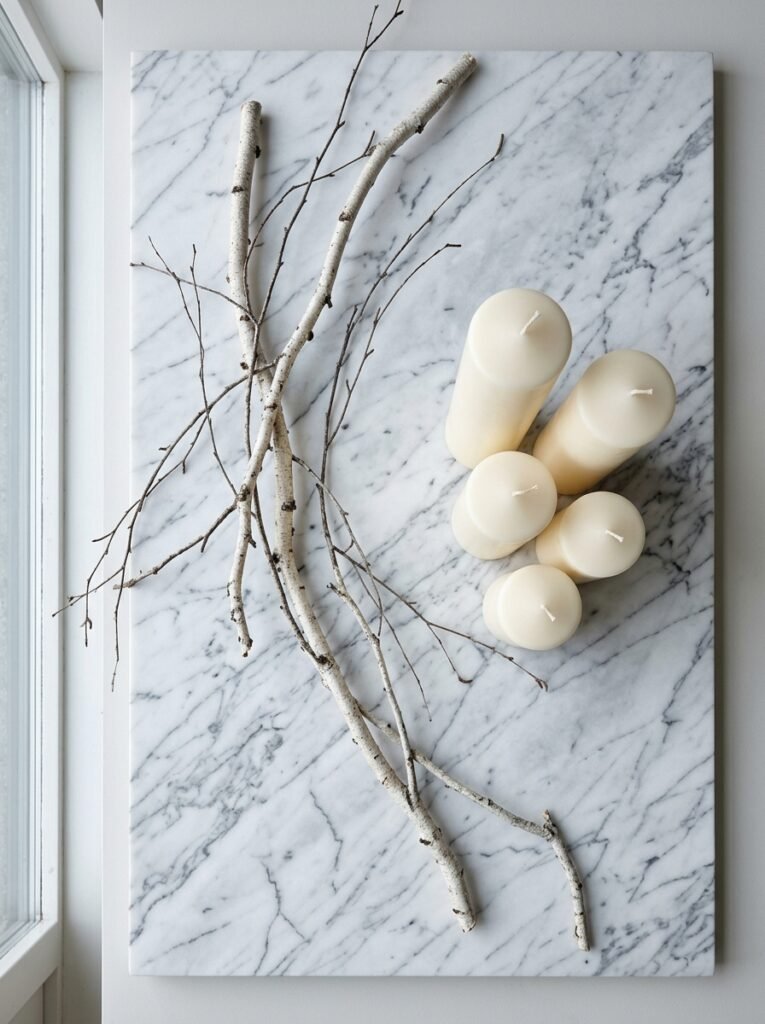  Bare silver birch branches and ivory pillar candles arranged directly on a Carrara marble slab