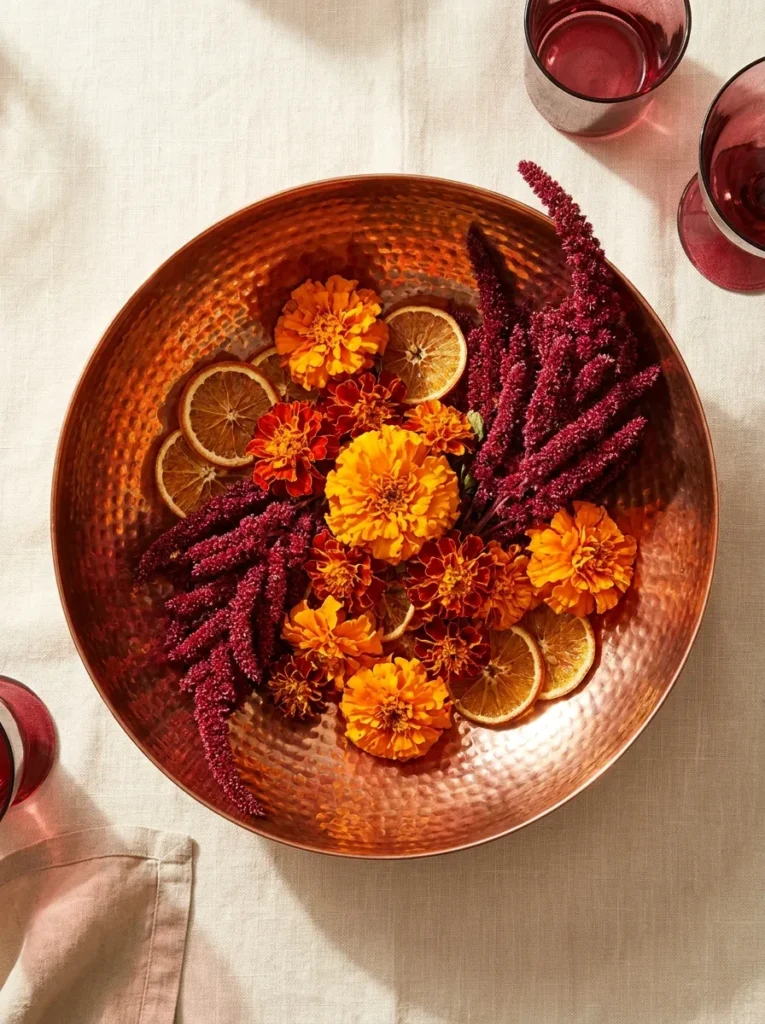 Hammered copper bowl with marigold blooms, cranberry amaranth, and dried orange slices