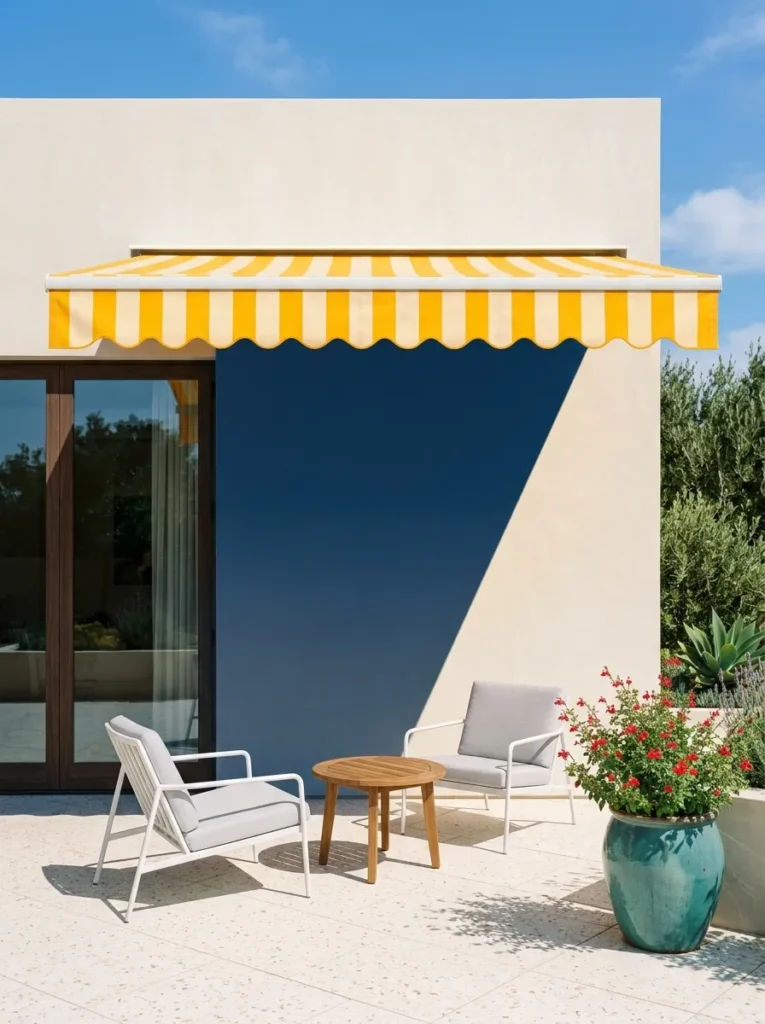 "Marigold striped retractable awning over patio bistro set"