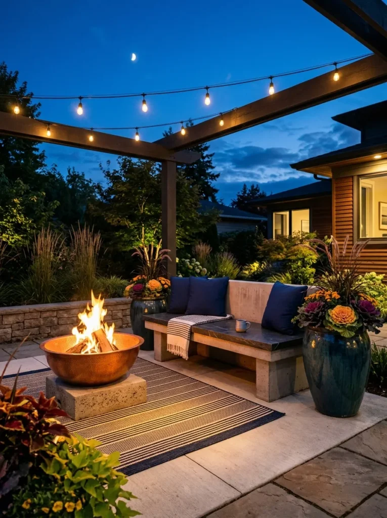  Copper fire bowl glowing beside a soapstone bench with ink navy cushions