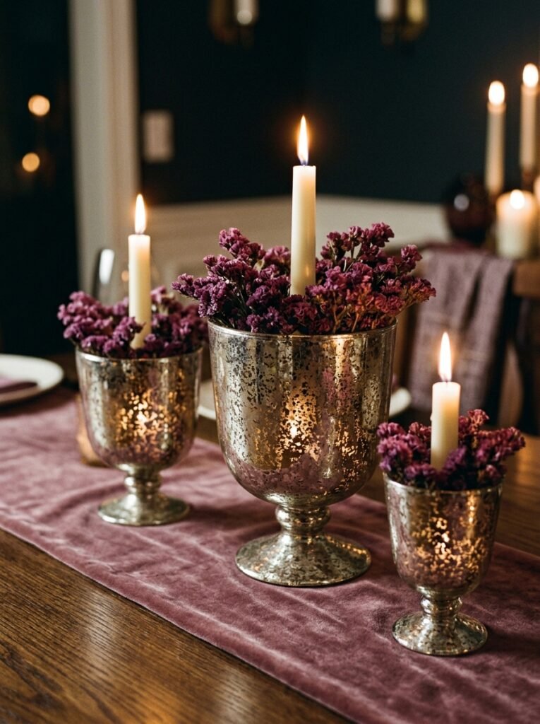 Antiqued mercury glass compotes with taper candles and dried plum statice on mauve velvet