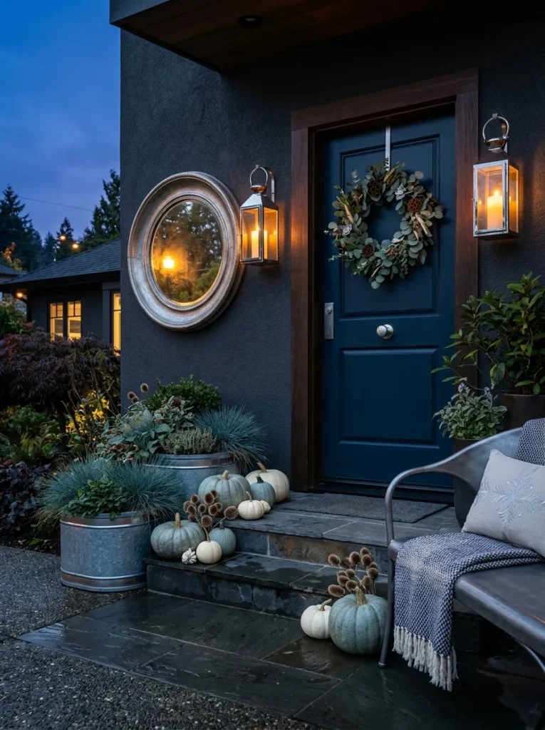  "Round mirror doubling lantern light beside a midnight blue door"