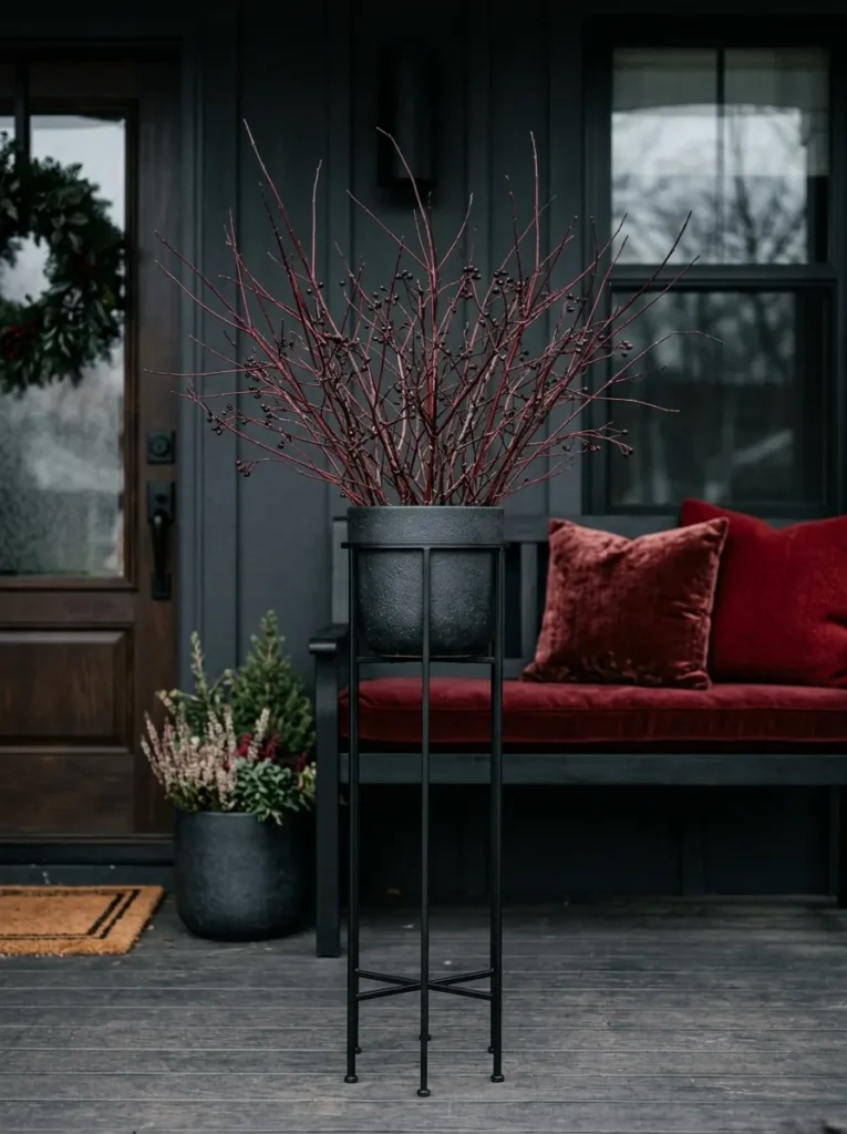 Tall black iron plant stand with dark dogwood branches beside oxblood cushions