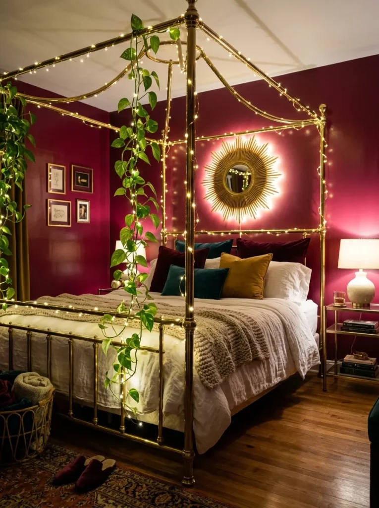 "Open brass four-poster bed against a raspberry accent wall with string lights"